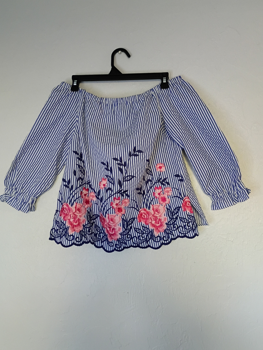 Elle Blue & White Striped Off-Shoulder Top with Pink Floral Embroidery